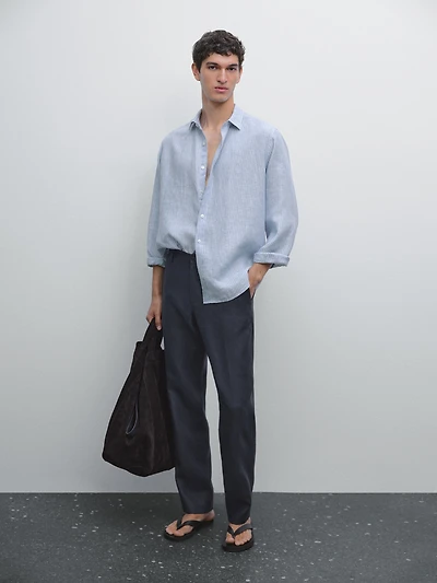 Pantalon regular fit 100 % lin