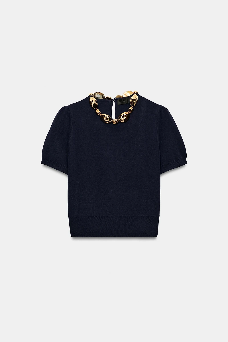BEADED NECK KNIT TOP