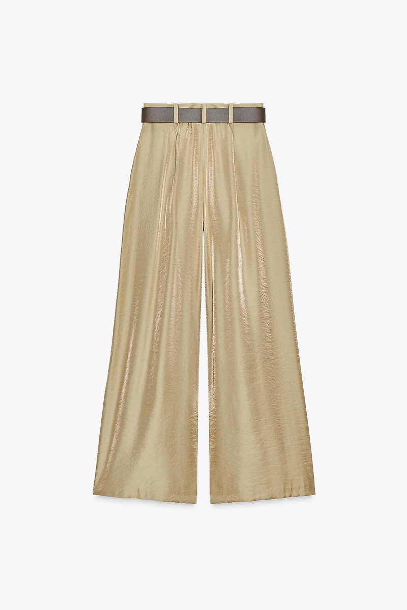 SATIN WIDE LEG BELTED PANTS