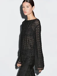Cotton blend openwork crochet sweater