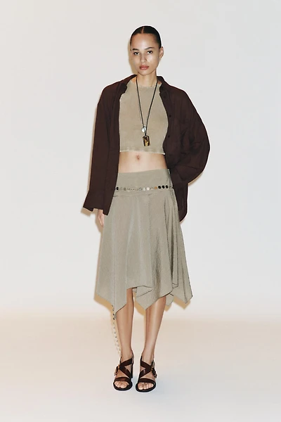 JUPE MIDI ASYMÉTRIQUE CEINTURE RAYURES