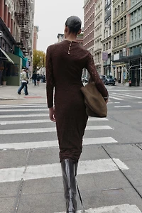 POINTELLE DRAPED MIDI DRESS