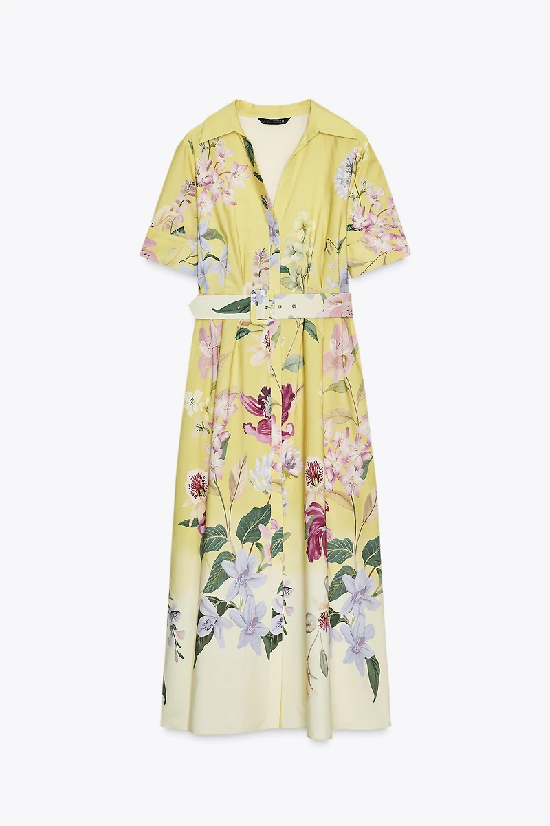 BELTED FLORAL PRINT MIDI DRESS
