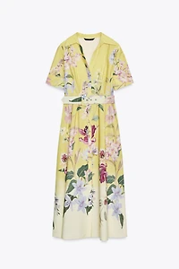 BELTED FLORAL PRINT MIDI DRESS