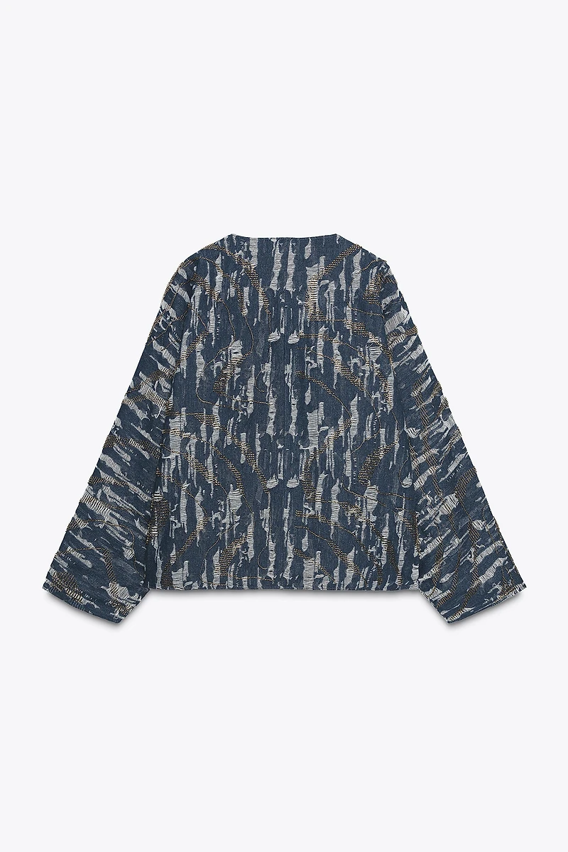 BEADED DENIM EFFECT PADDED KIMONO