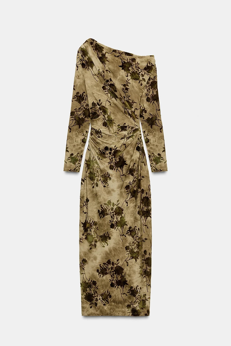 RUCHED FLOCKED DRESS