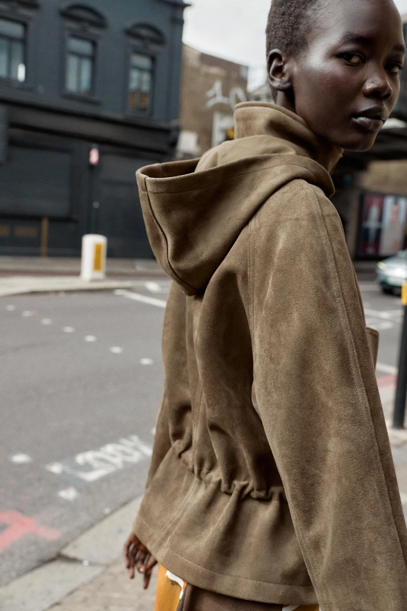 FAUX SUEDE JACKET WITH HOODIE