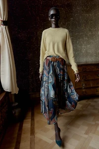 METALLIC THREAD PRINTED MIDI SKIRT WITH BELT