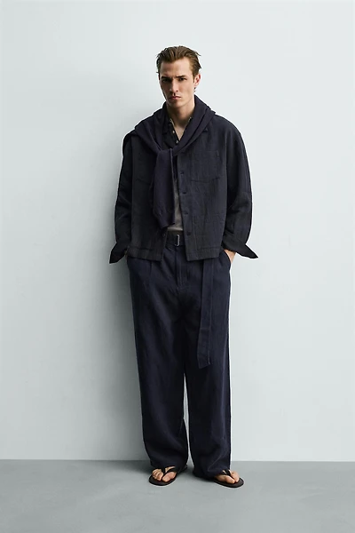 RELAXED FIT 100% LINEN SHIRT WITH PLEATED POCKETS