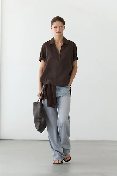 Linen blouse with polo collar