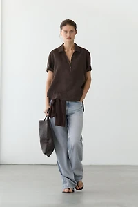 Linen blouse with polo collar