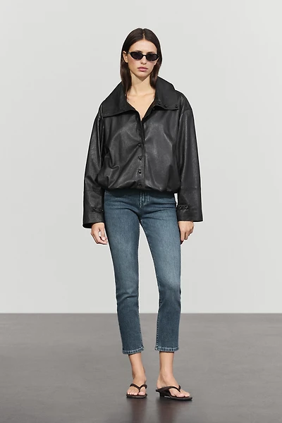 Nappa leather bomber jacket with button detail