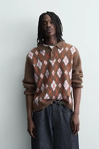 KNIT LOZENGE PATTERN POLO WITH DISTRESSED EFFECT