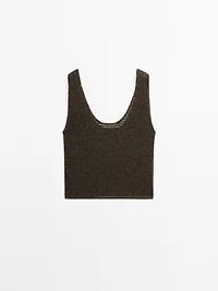 Cotton blend knit top with round neckline