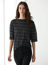Striped linen 3/4 sleeve knit T-shirt