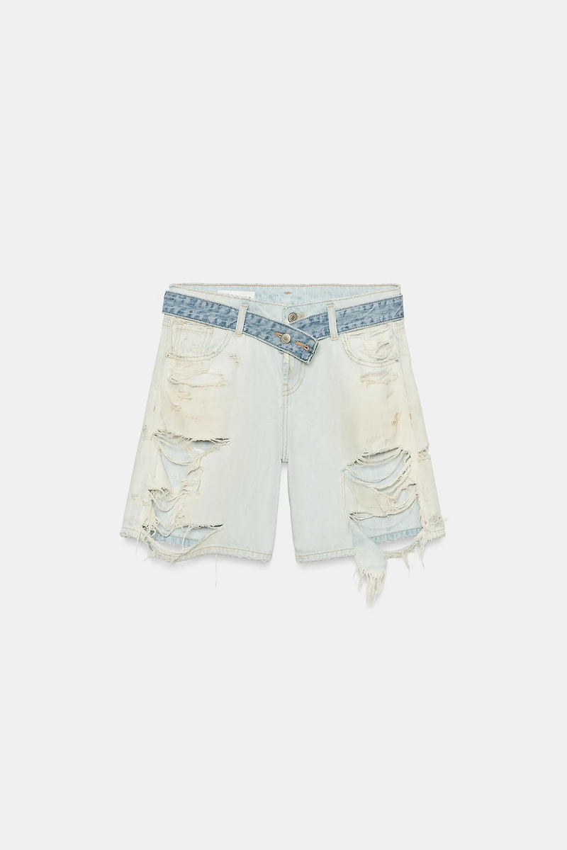 TRF MID-RISE RIPPED DENIM BERMUDA SHORTS WITH BELT