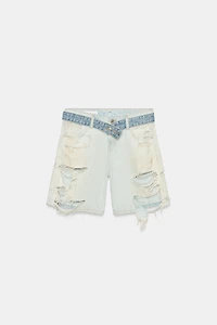 TRF MID-RISE RIPPED DENIM BERMUDA SHORTS WITH BELT