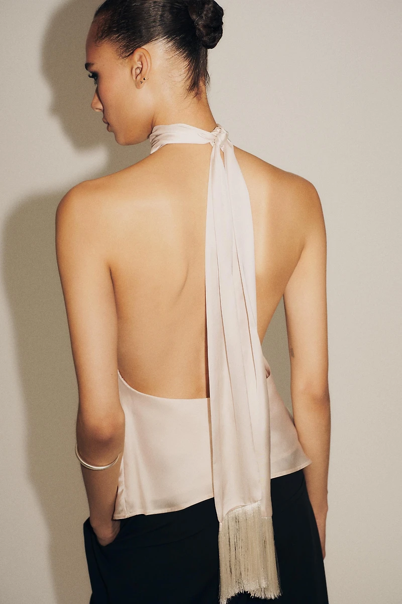 FRINGED HALTER SATIN EFFECT TOP