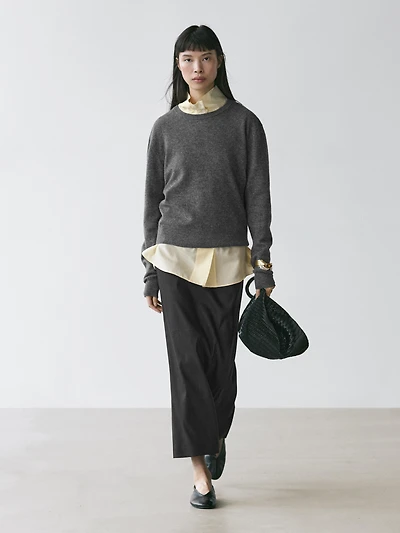 Straight linen blend midi skirt