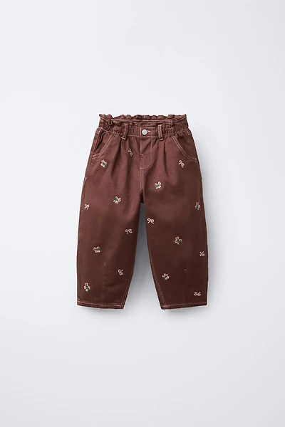 PANTALON BAGGY SERGÉ FLEURS BRODÉES