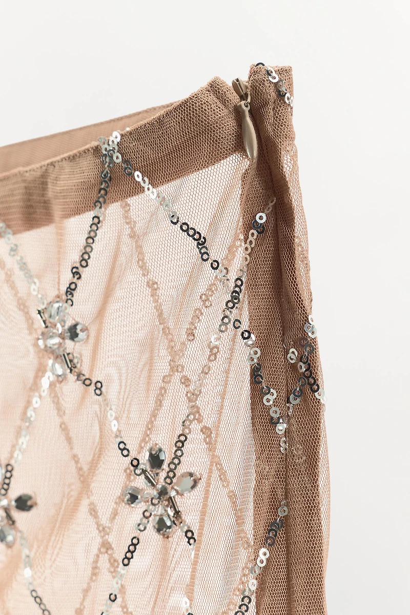 BEADED EMBROIDERED MIDI SKIRT