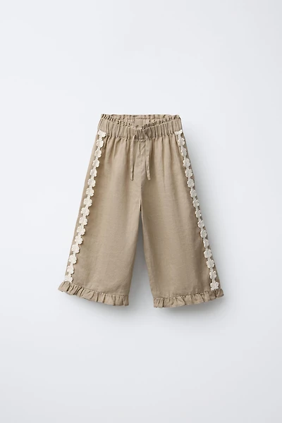 100% LINEN EMBROIDERED FLORAL PANTS