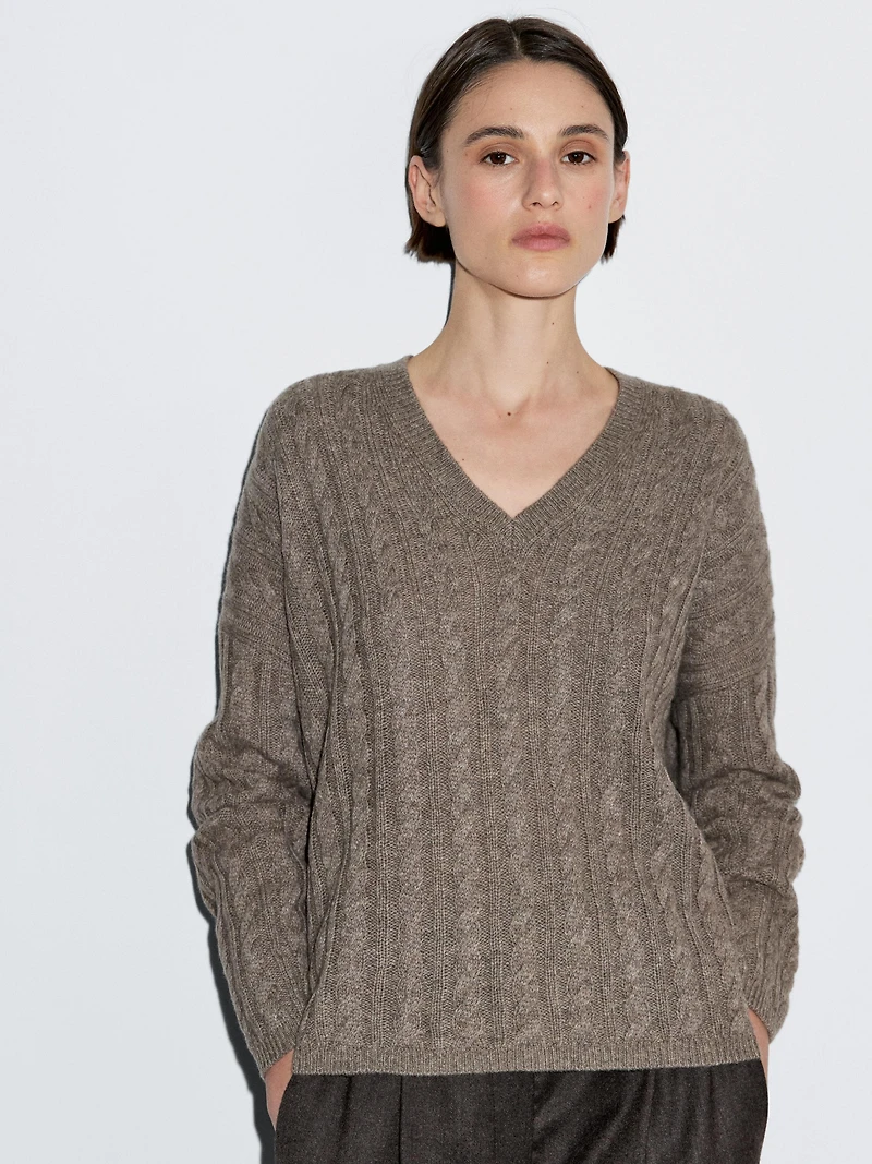 Cable-knit V-neck sweater