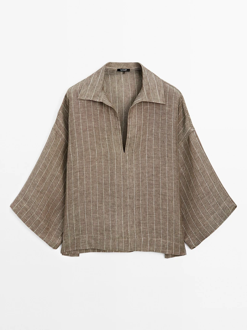 Striped linen open neck blouse