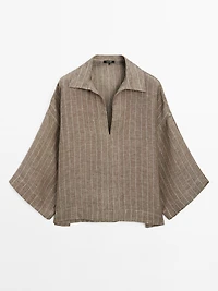 Striped linen open neck blouse