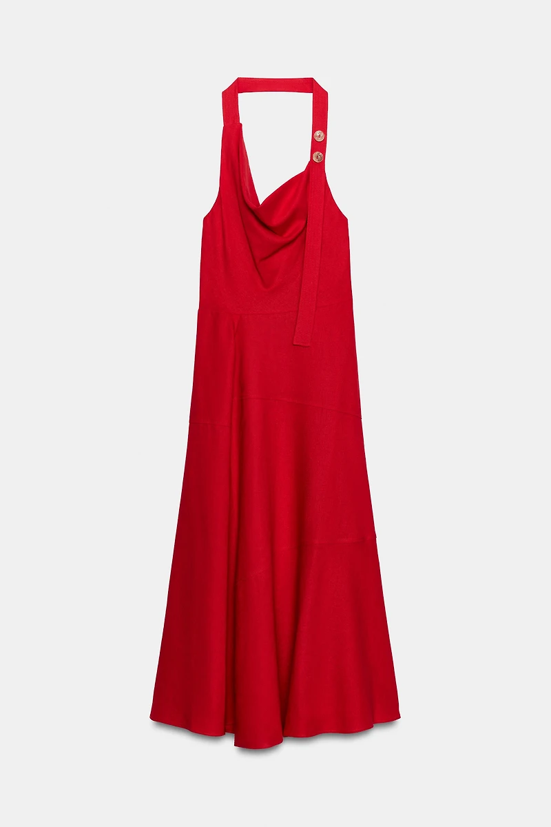 LINEN BLEND HALTER MIDI DRESS
