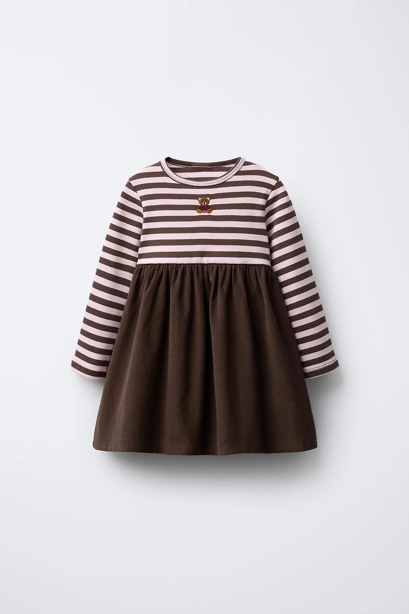 ROBE RAYURES ET VELOURS CÔTELÉ FIN BRODÉ