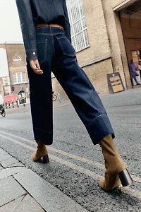 SPLIT LEATHER WIDE HEELED ANKLE BOOTS