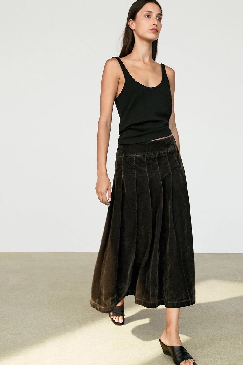 Flocked denim midi skirt with box pleats