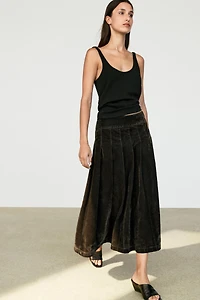 Flocked denim midi skirt with box pleats