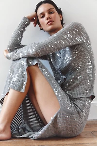 SEQUIN SLIT MIDI SKIRT