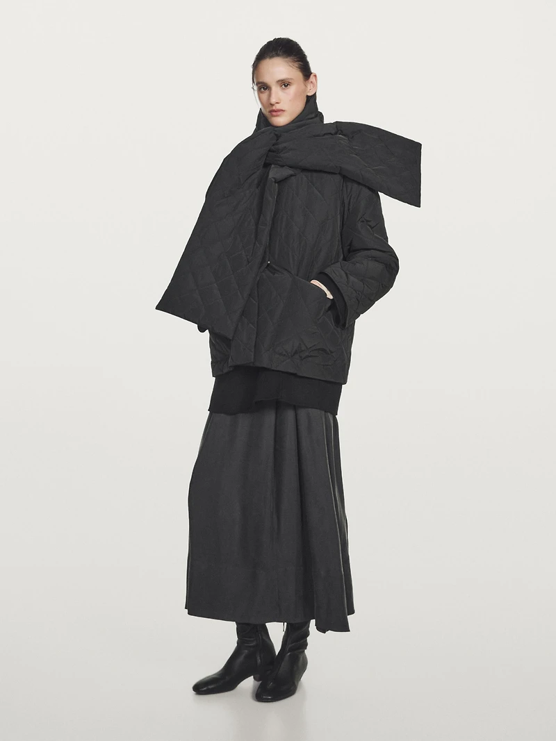 Water-repellent puffer jacket with scarf detail