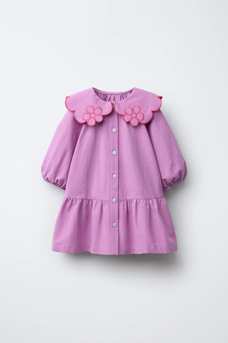 ROBE À CARREAUX VICHY AVEC COL FLEURI