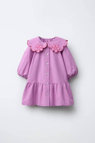 ROBE À CARREAUX VICHY AVEC COL FLEURI