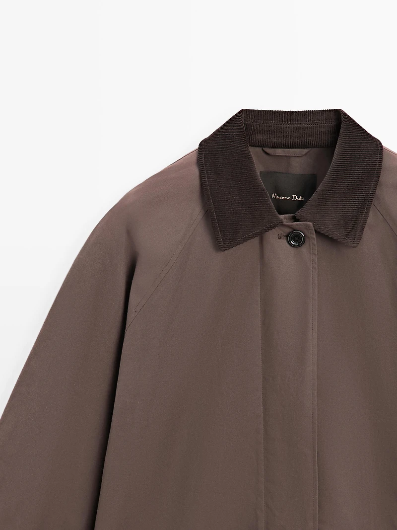 Long waxed parka with corduroy detail
