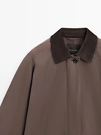 Long waxed parka with corduroy detail