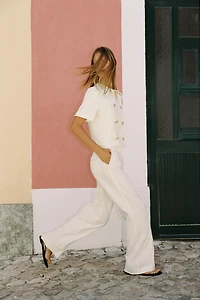 STRAIGHT LINEN PANTS WITH CONTRAST STITCHING