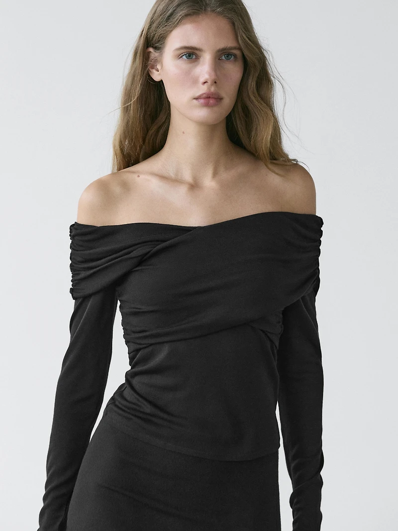 Off-the-shoulder lyocell and wool blend top