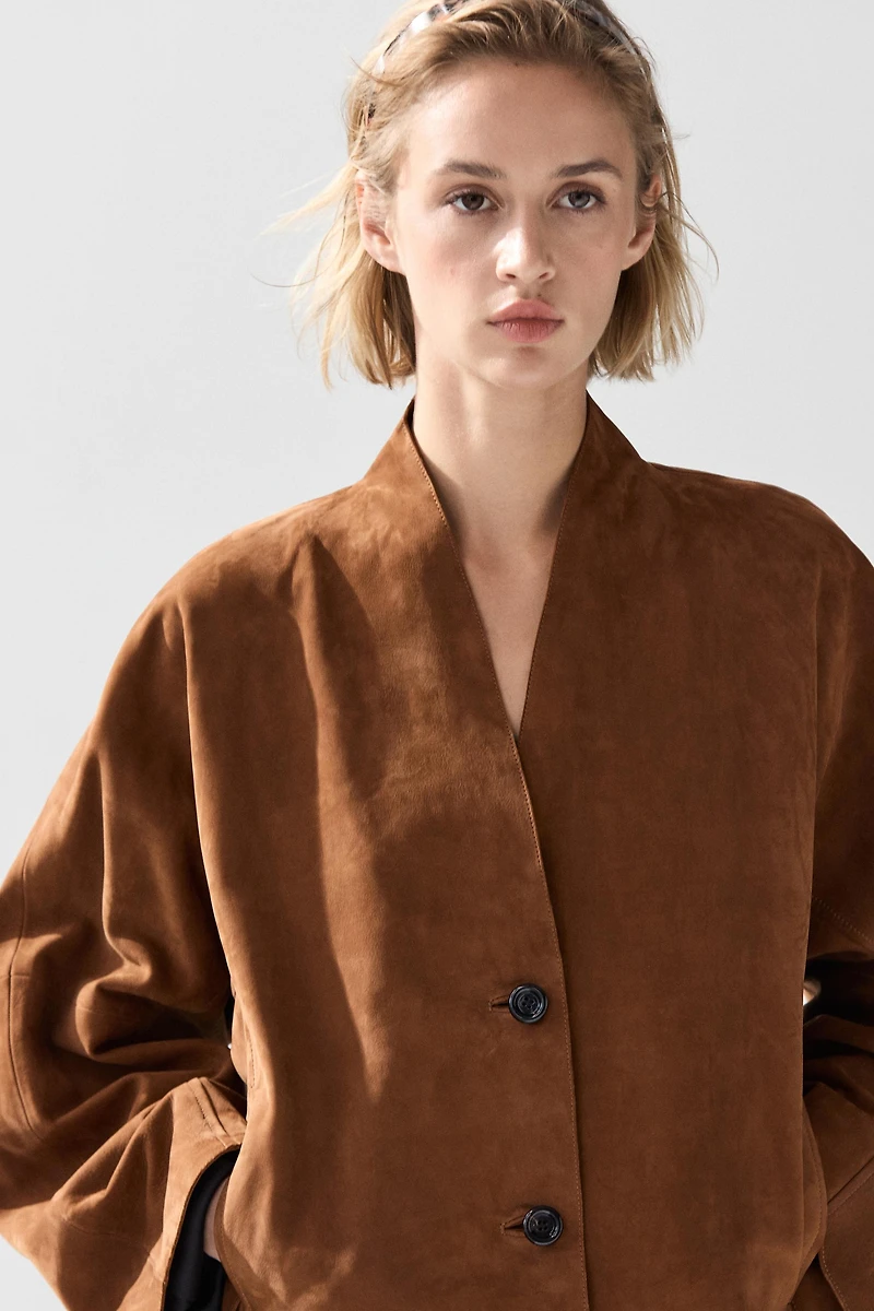 Suede leather V-neck jacket