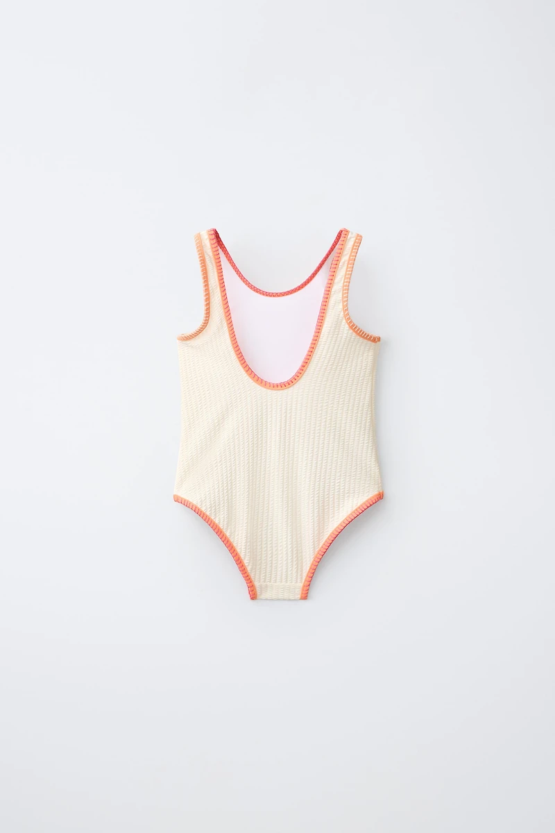 6-14 YEARS/ CONTRAST TRIM SEERSUCKER SWIMSUIT