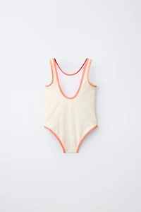 6-14 YEARS/ CONTRAST TRIM SEERSUCKER SWIMSUIT