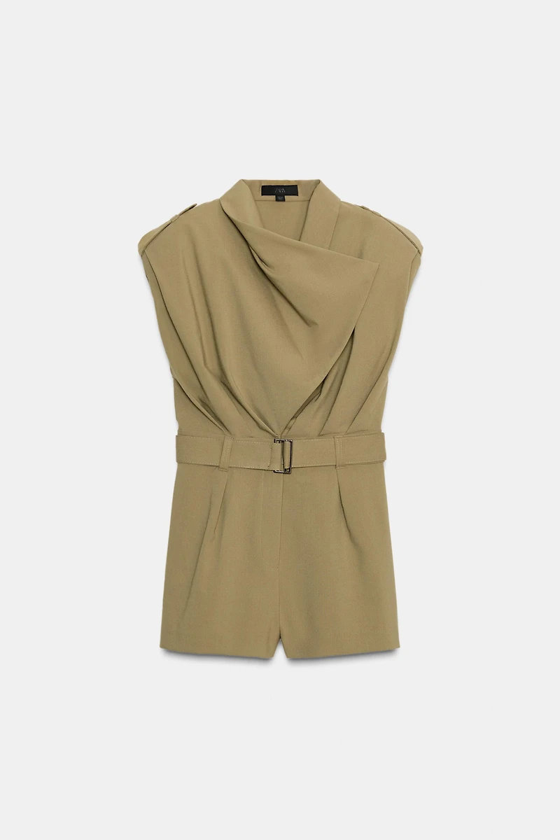 SHOULDER PAD BELTED SHORT JUMPSUIT