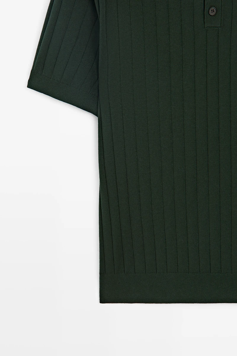 Ribbed knit cotton blend polo shirt