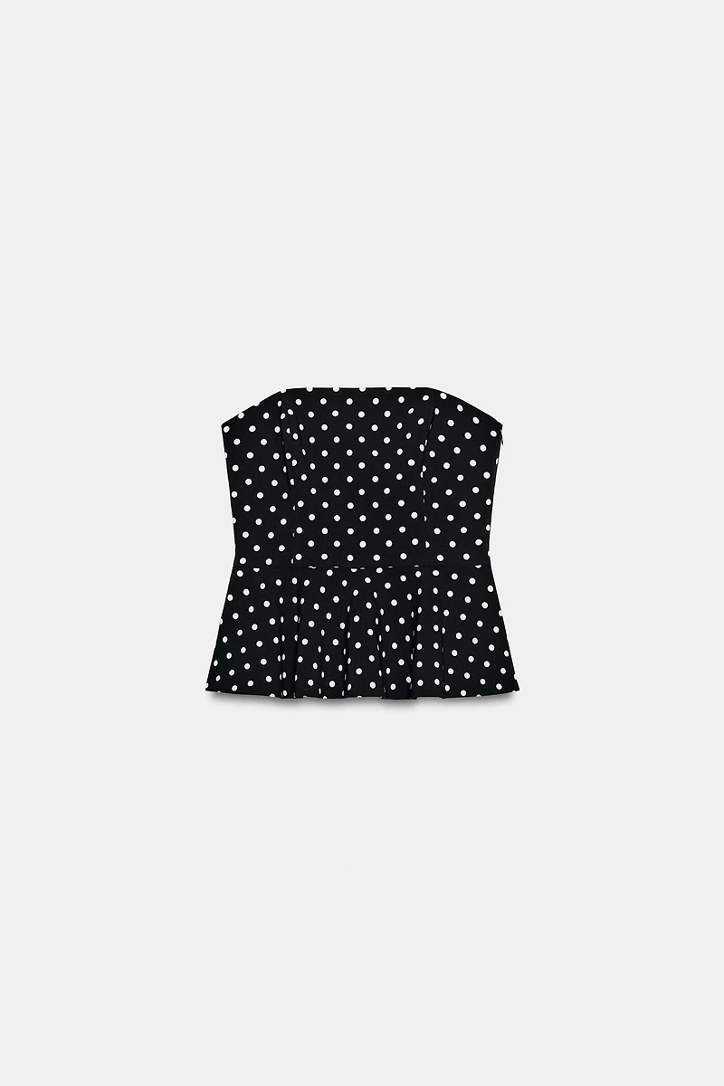 POLKA DOT STRAPLESS PEPLUM TOP