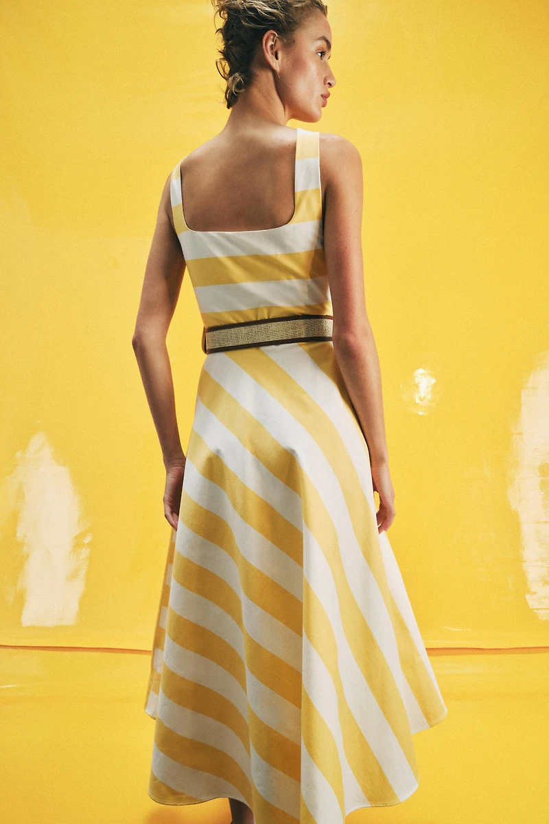 STRIPED BELTED MIDI DRESS