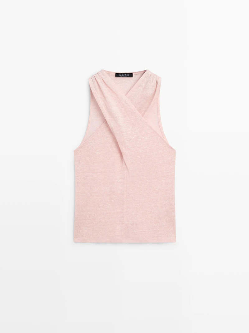 Linen blend top with surplice neckline